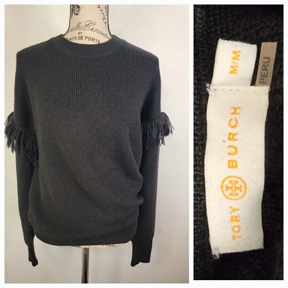 Tory Burch Bristol Fringe Sweater Medium Black Alpaca Silk Long Sleeve Western